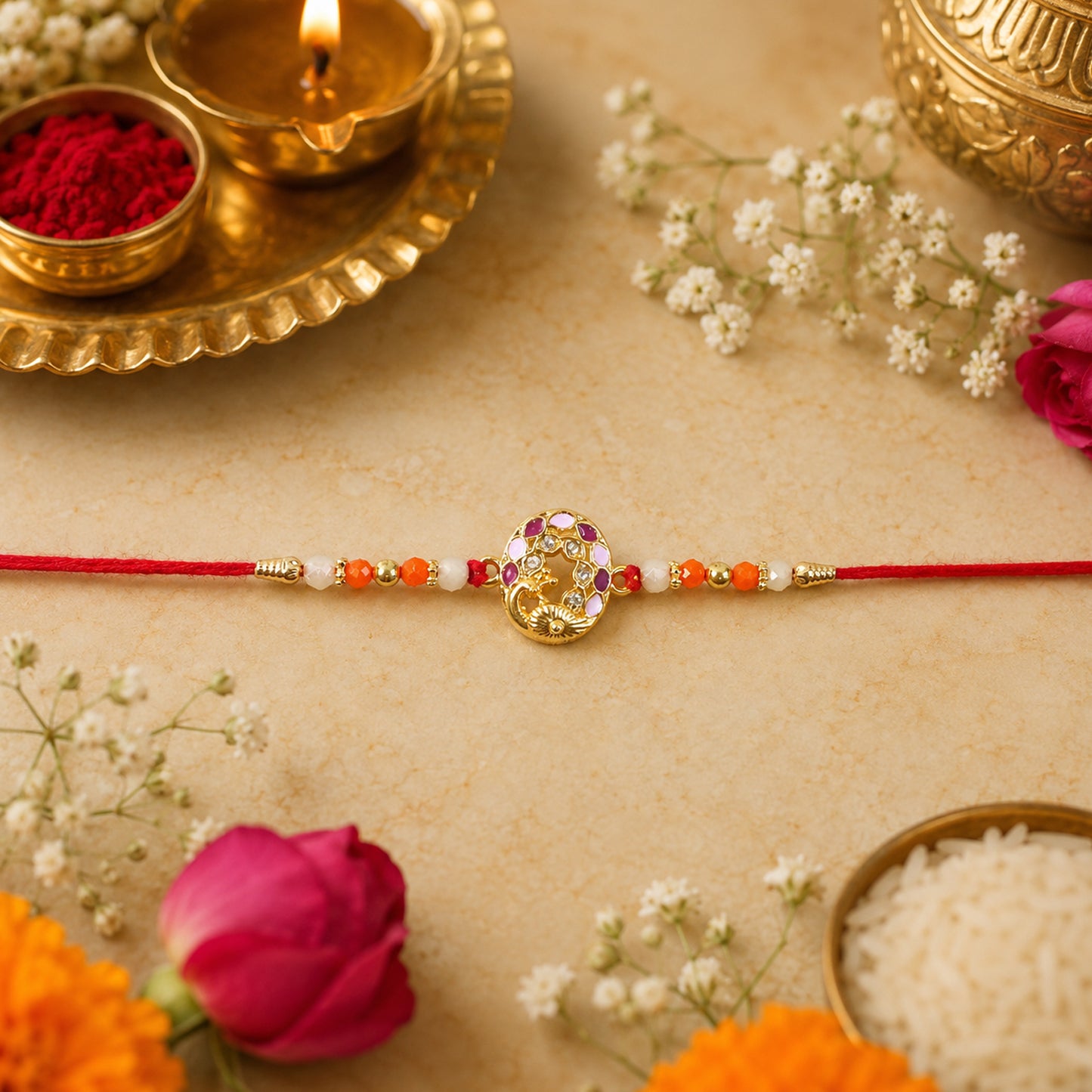 Close-up of peacock design rakhi featuring vibrant decorative beads