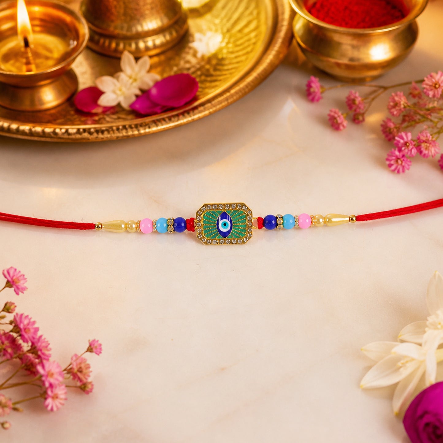 Designer Rakhi showing detailed Evil Eye centerpiece and beads