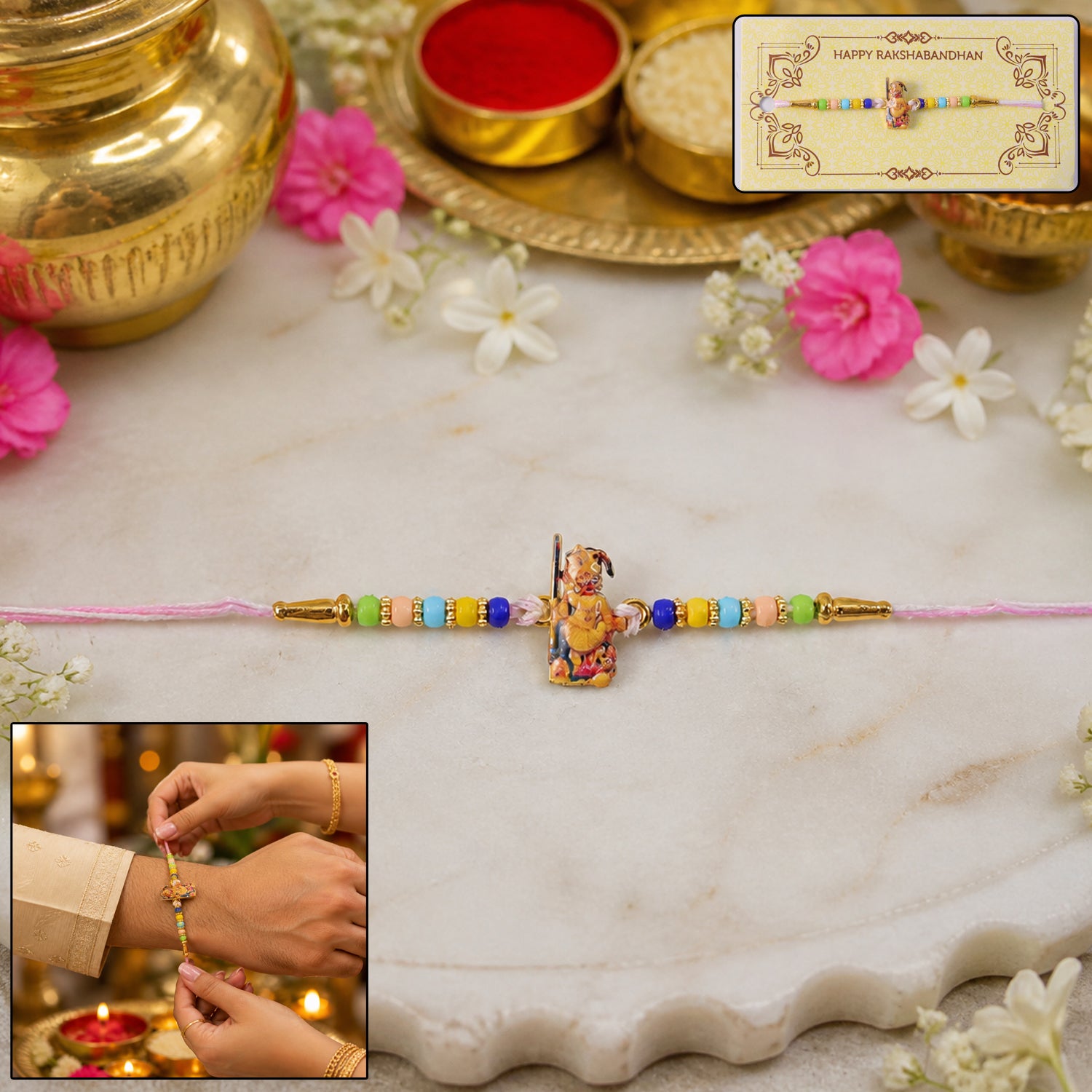 Hanuman Ji Rakhi with multicolored beads and decorative centerpiece
