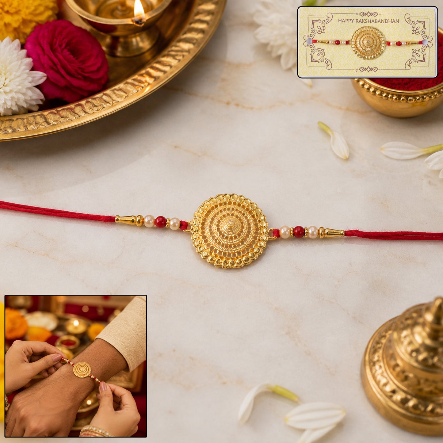 Close-up of gold designer Rakhi featuring pearl beads