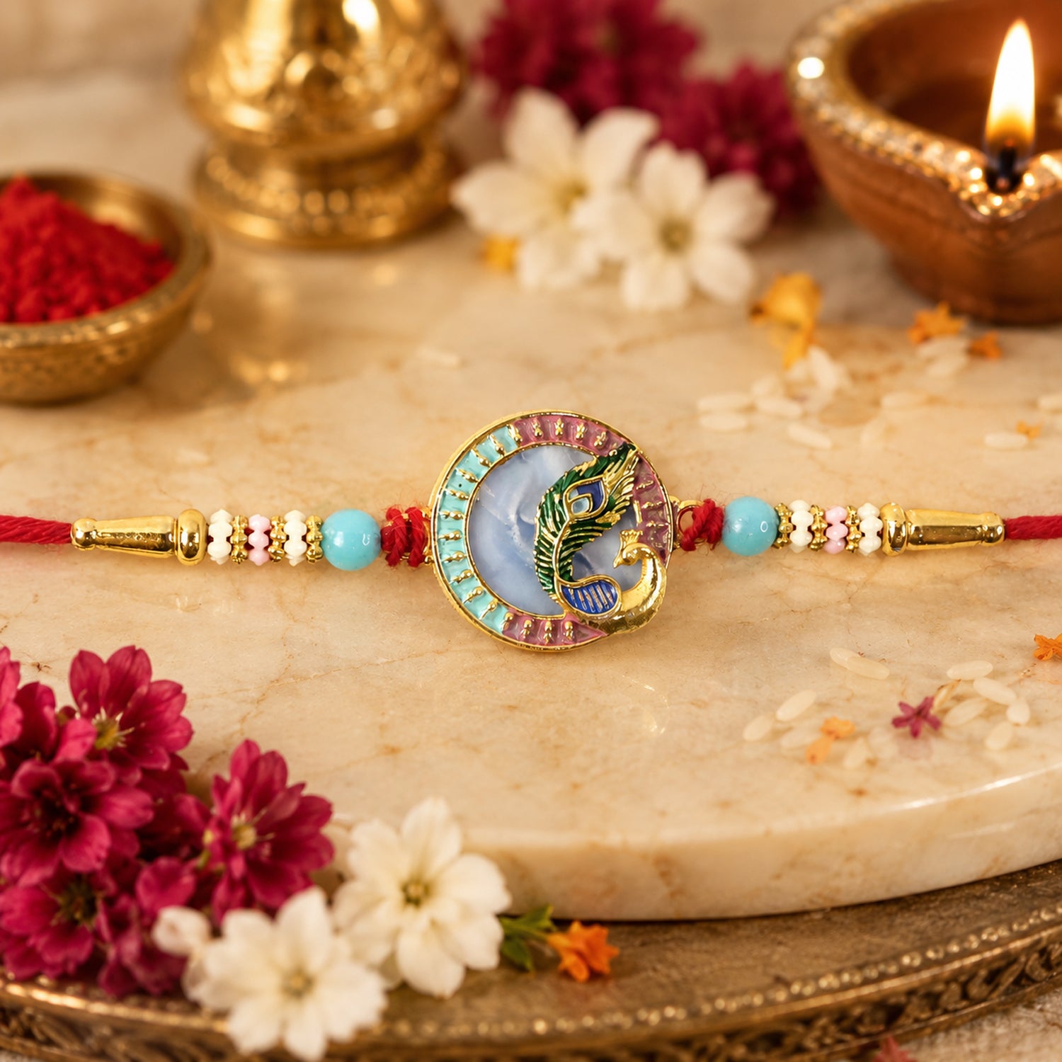 Traditional Peacock design Rakhi with elegant centerpiece