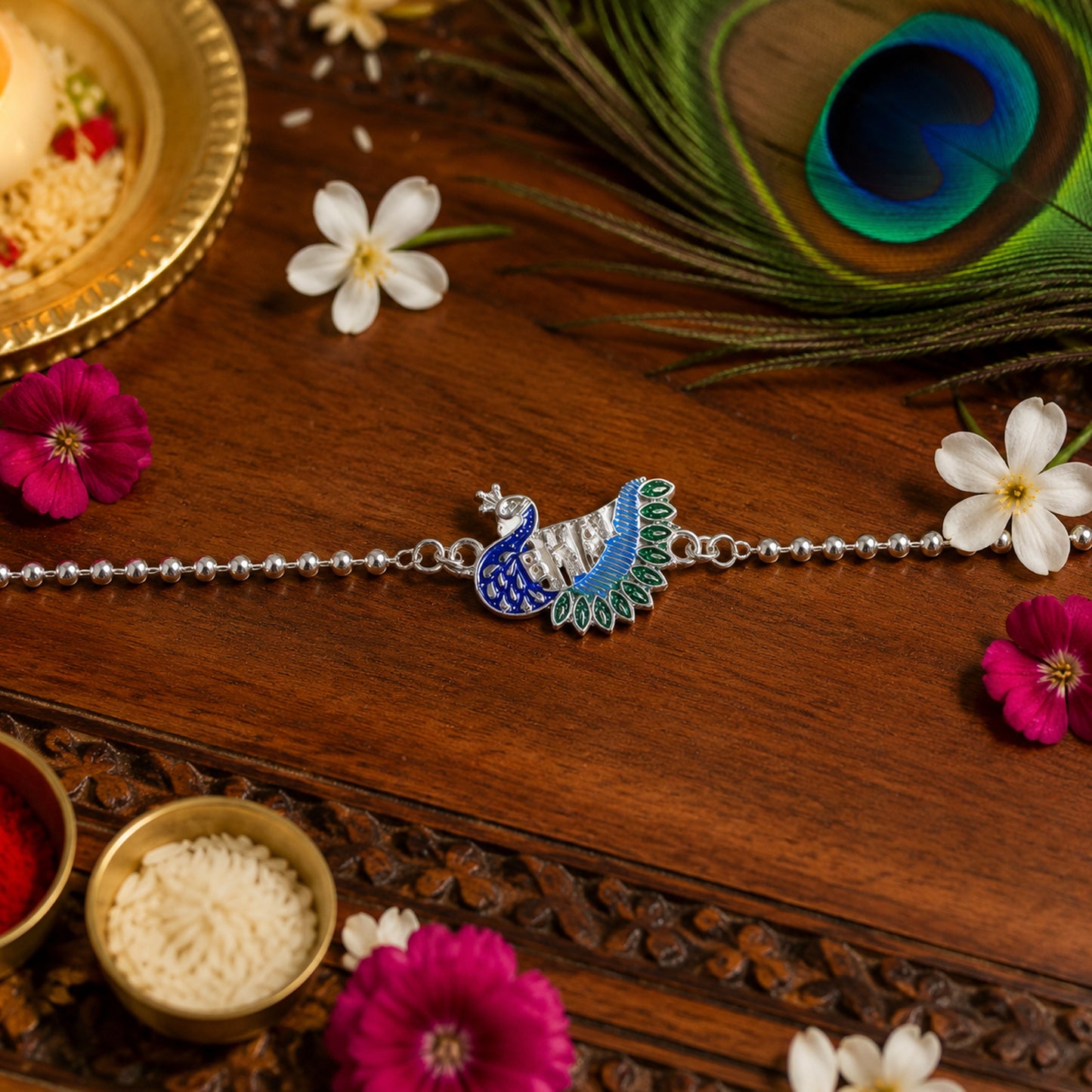 Decorative traditional Rakhi featuring soft beaded thread