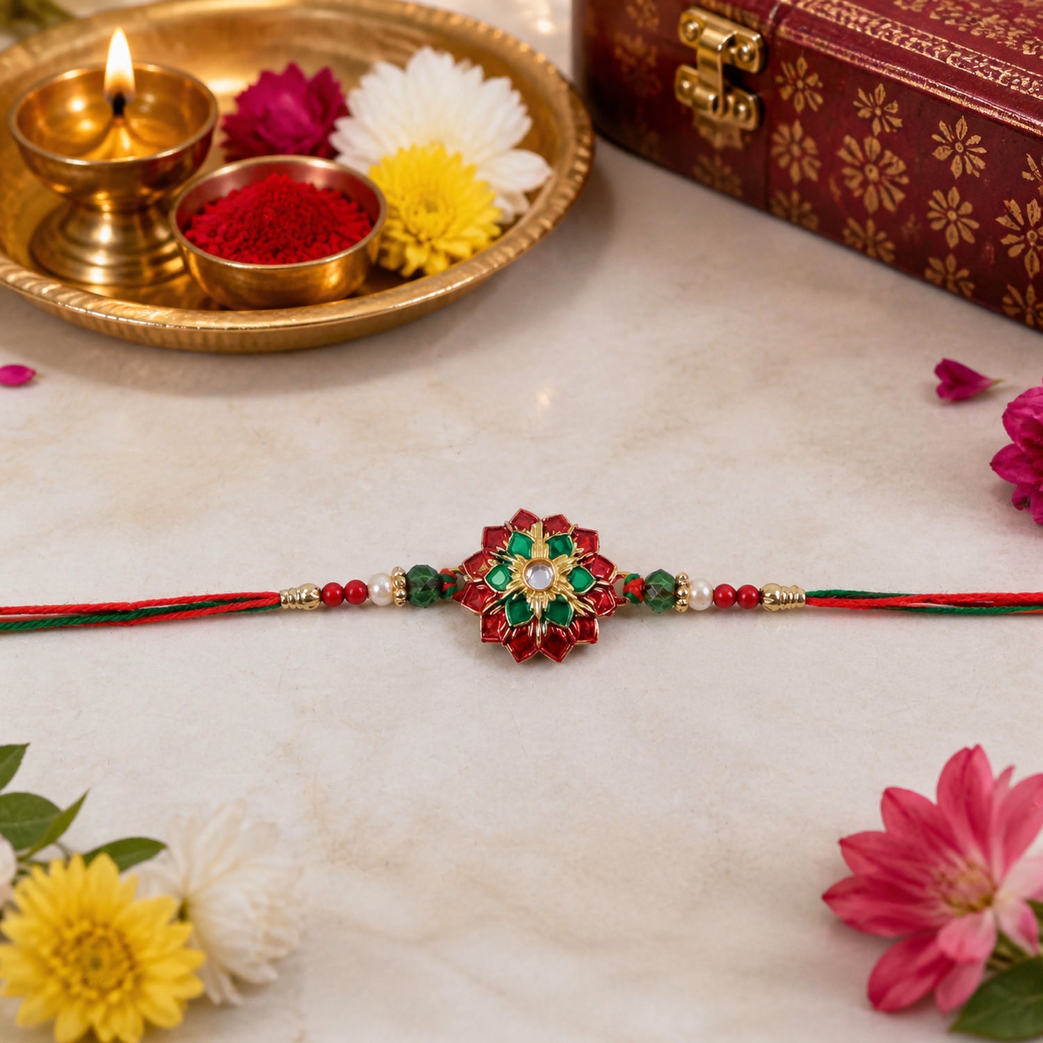 Elaborate Layered Lotus Rakhi Embellished in Red-Green Enamel and a Crystal Core