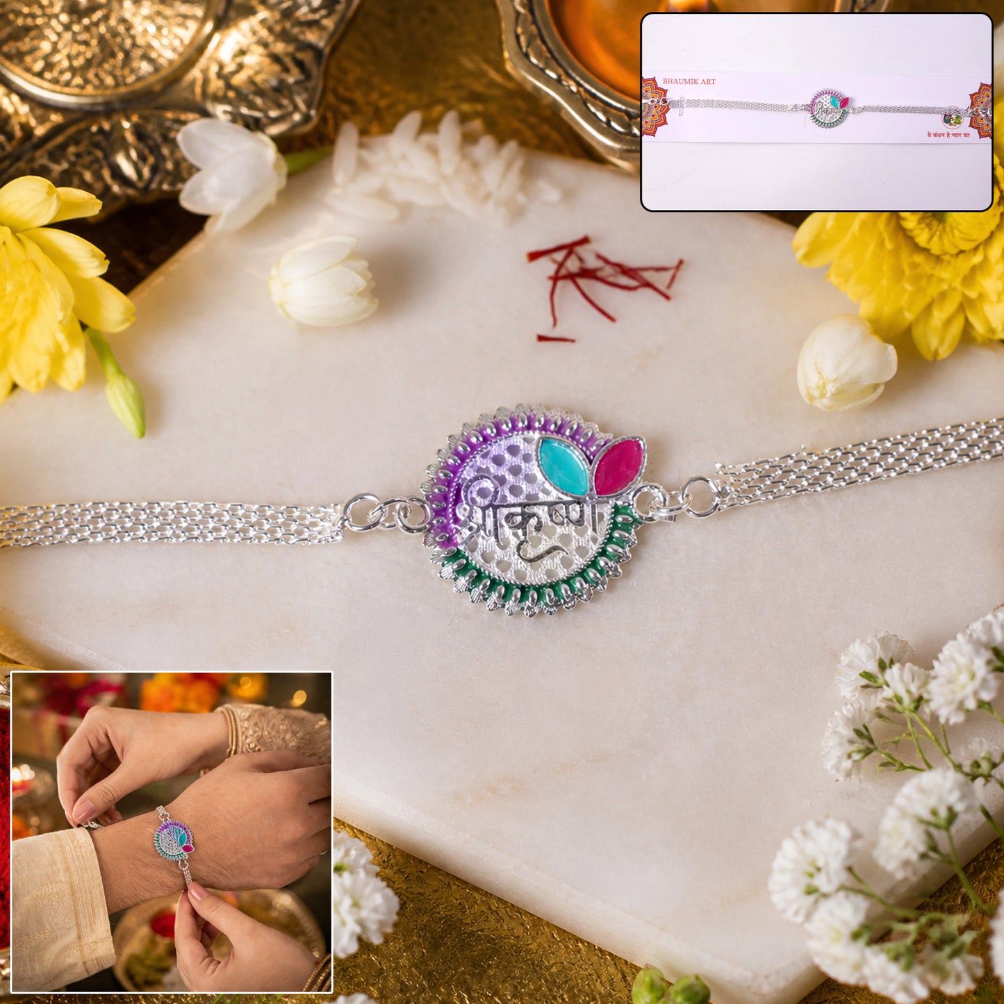 Close-up of Shree Krishna centerpiece on Rakhi