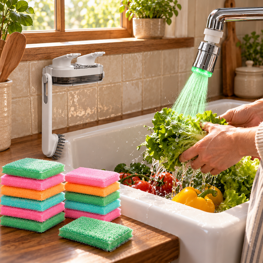 A person washing lettuce under a green-lit faucet sprayer, with colorful cleaning sponges stacked nearby.
