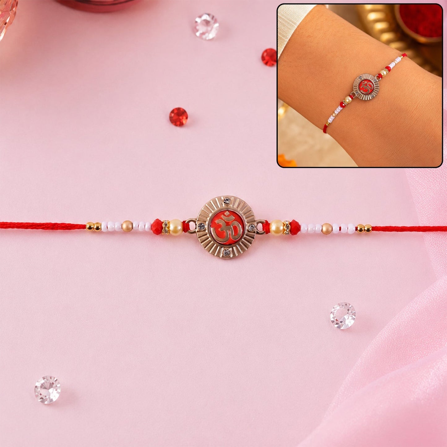 Om Round Charm Rakhi with Pearl Beads for Brothers (5pcs)