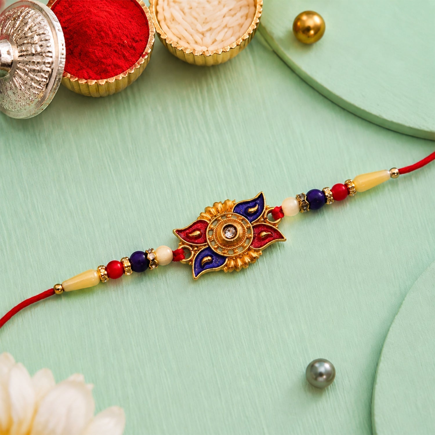 Traditional Red Blue Floral Kundan Rakhi Elegant Festive Design (10pcs)