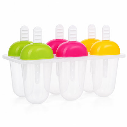 A 6-piece clear plastic ice candy mold with green, pink, and yellow tops is displayed on a white background.