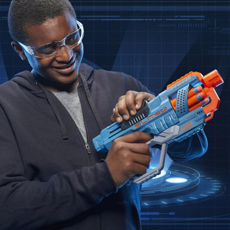 Close-up of Nerf Elite 2.0 Commander Blaster ergonomic handle and tactical rail