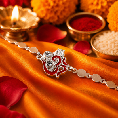 Religious Om Trishul Motif Silver Enamel Petal Chain Rakhi