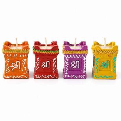 Tulsi-Shaped Decorative Clay Wax Diyas with Painted Details (4 Pc)