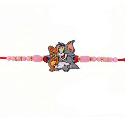 Cartoon Kids Rakhi with Pink Beads and Gold Accents