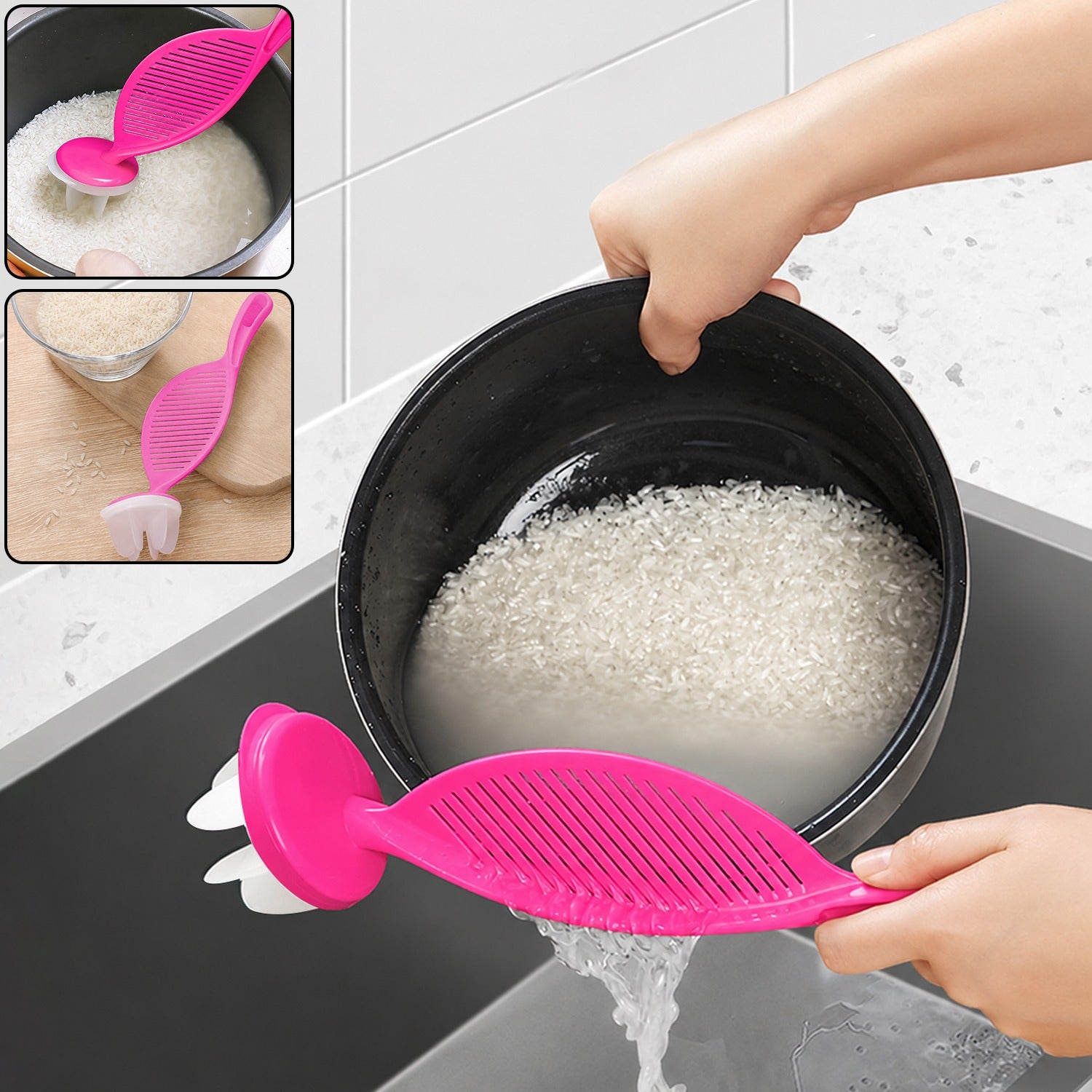 Plastic Kitchen Strainer Spoon with Long Handle for Washing Rice (1 Pc)