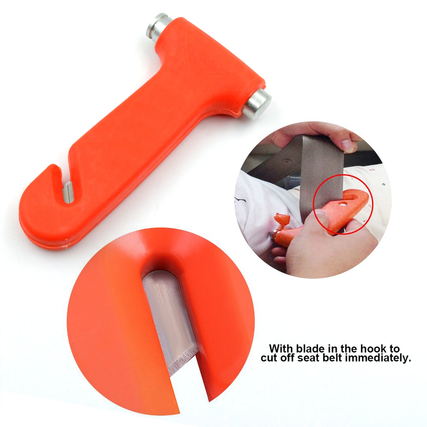 Safety hammer for car rescue, includes window breaker and seatbelt cutter