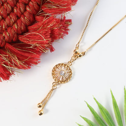 Radiant Gold-Plated Round Pendant Necklace with Dual Hanging Chains for Women