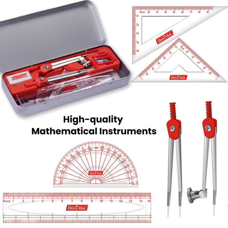 Office Mate Mathematical Drawing Instrument Box — Complete School / Engineering Compass & Geometry Set in Metal Case
