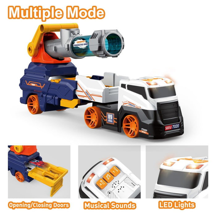 Truck Toys for Kids, Large Truck Toys Include 2 Racing Cars+4 Ball, with Light & Sounds, Eejection & Shooting Transport Cars Toy, Gifts for Boys Girls (Battery Not Included)