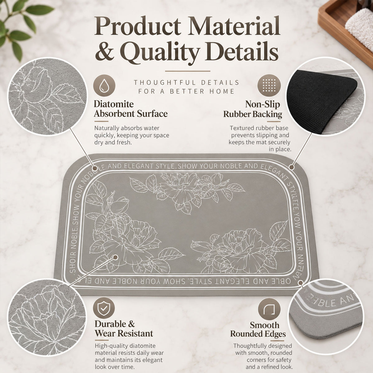 Absorbent Bathroom Mat, Half Round Floral Print Quick Dry Mat (1 Pc, 50x80 Cm)
