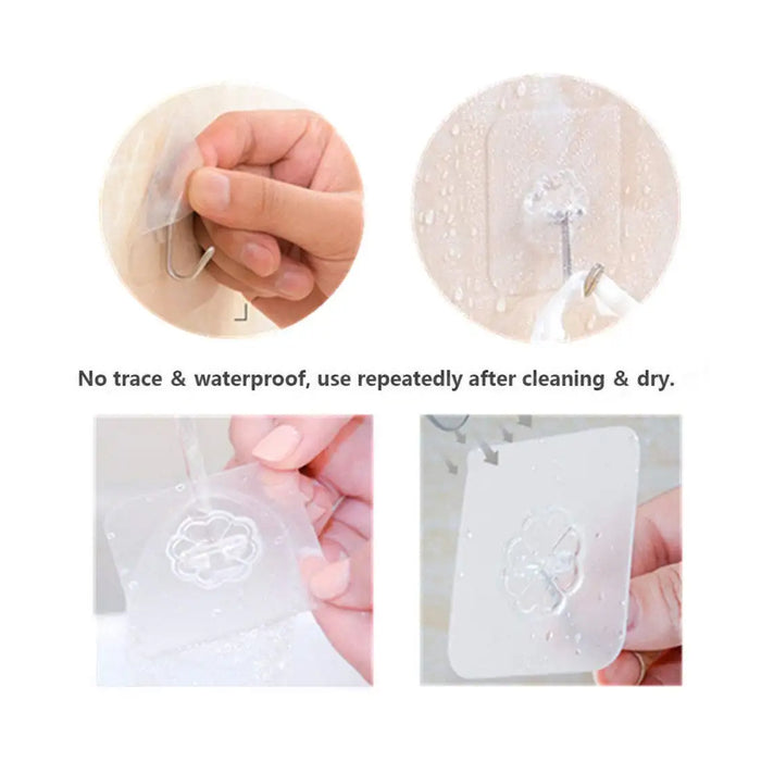 Self Adhesive Heavy Duty Waterproof Transparent Sticky Plastic & Stainless Steel Wall Hooks (10 Pc Set)