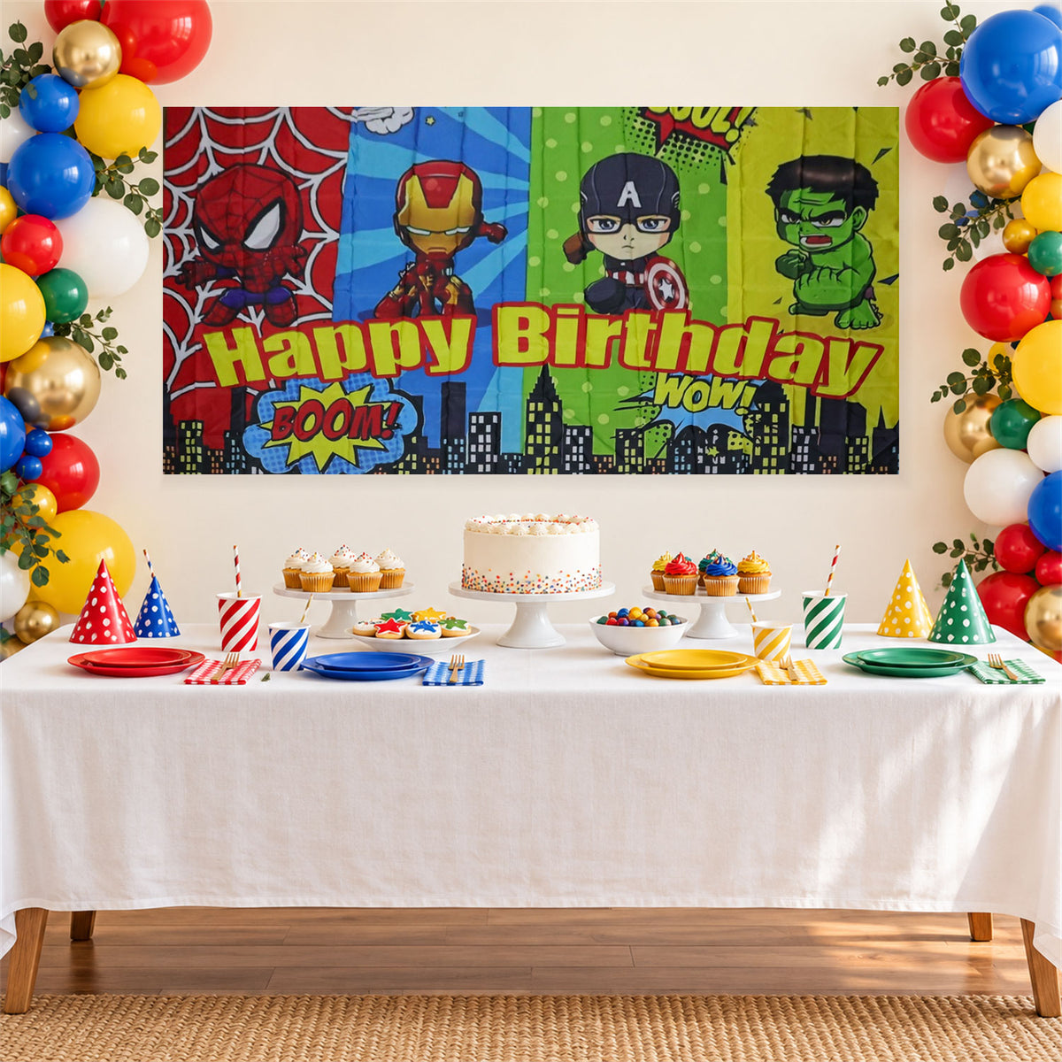 Kids Birthday Party Backdrop Curtain with Cartoon Hero Print (265x117 Cm)