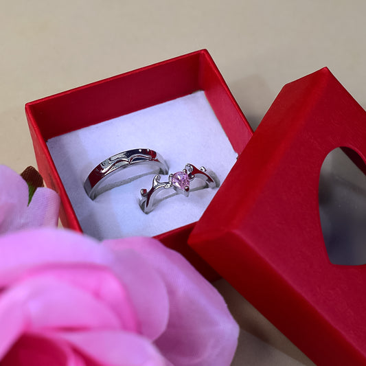 Couple's Silver Tone Ring with One Ring Diamond