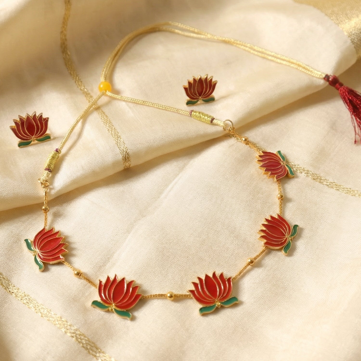Traditional Red Lotus Design Necklace with Stud Earrings Set( 1 Set)