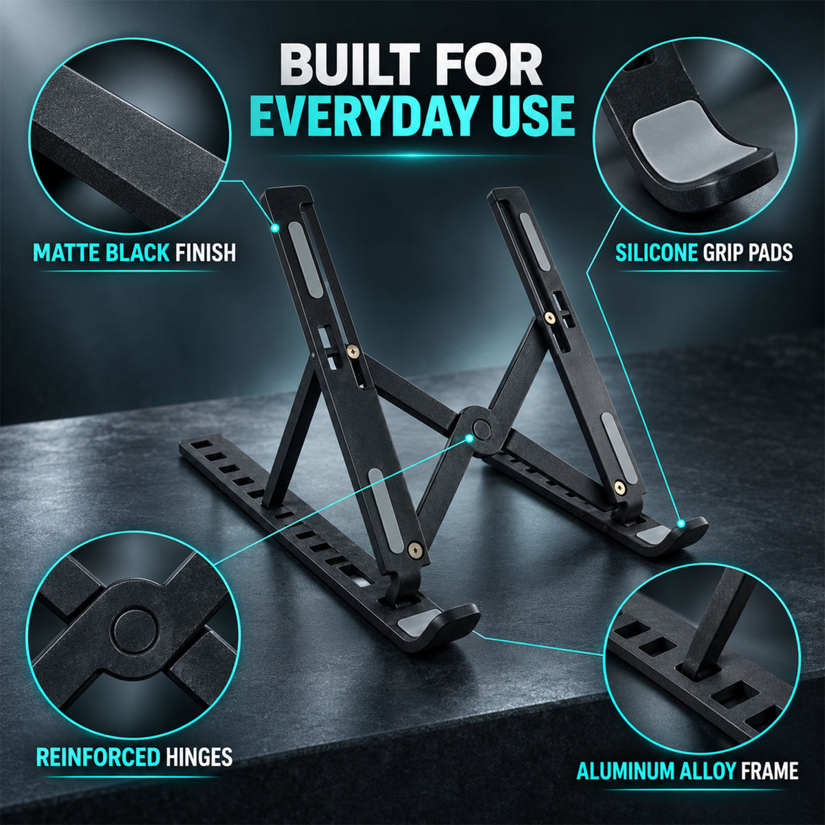 A black aluminum alloy laptop stand with silicone grip pads and reinforced hinges, detailed with a matte finish.
