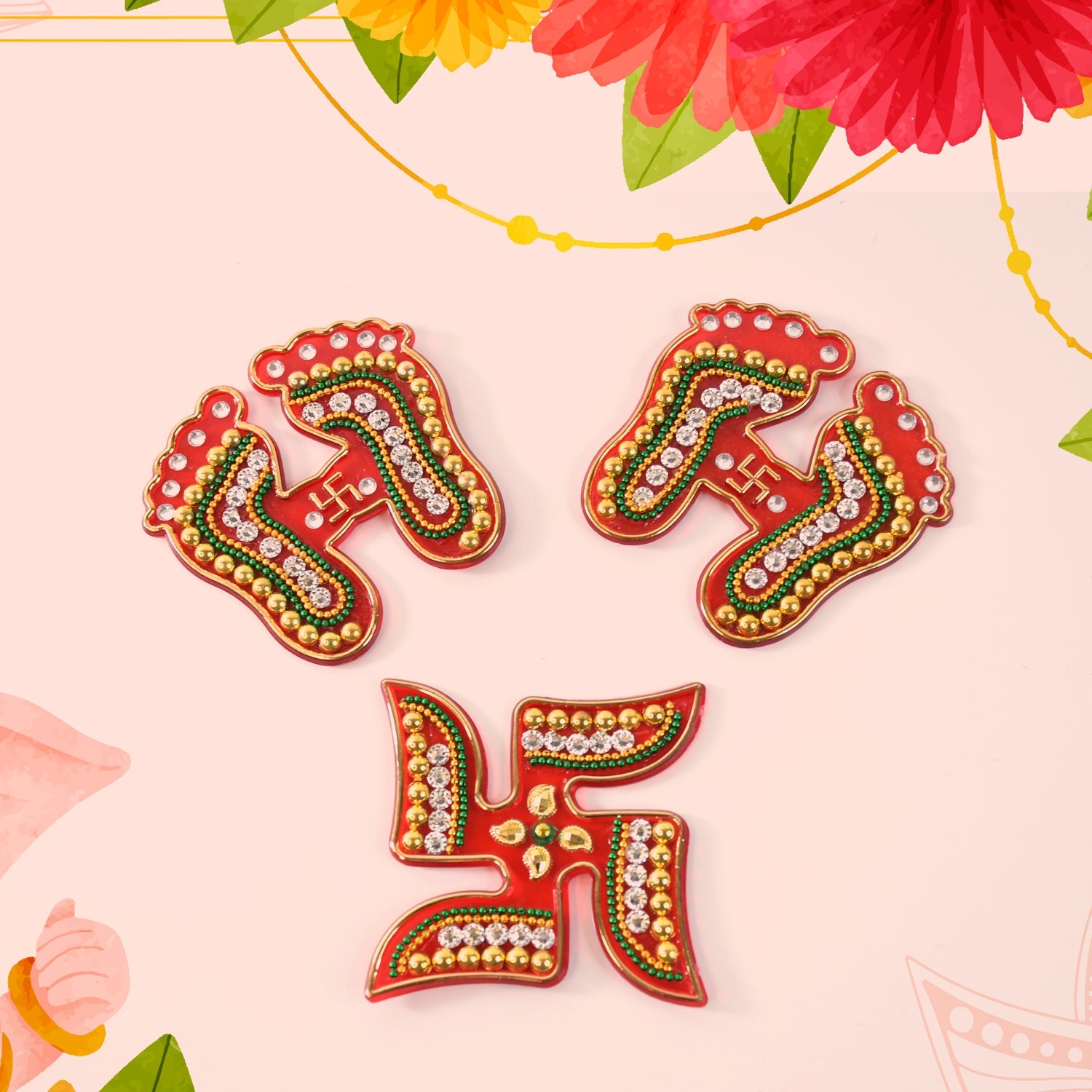 Laxmi Charan & Swastik Decorative Sticker Set – 3pc Festive Rangoli
