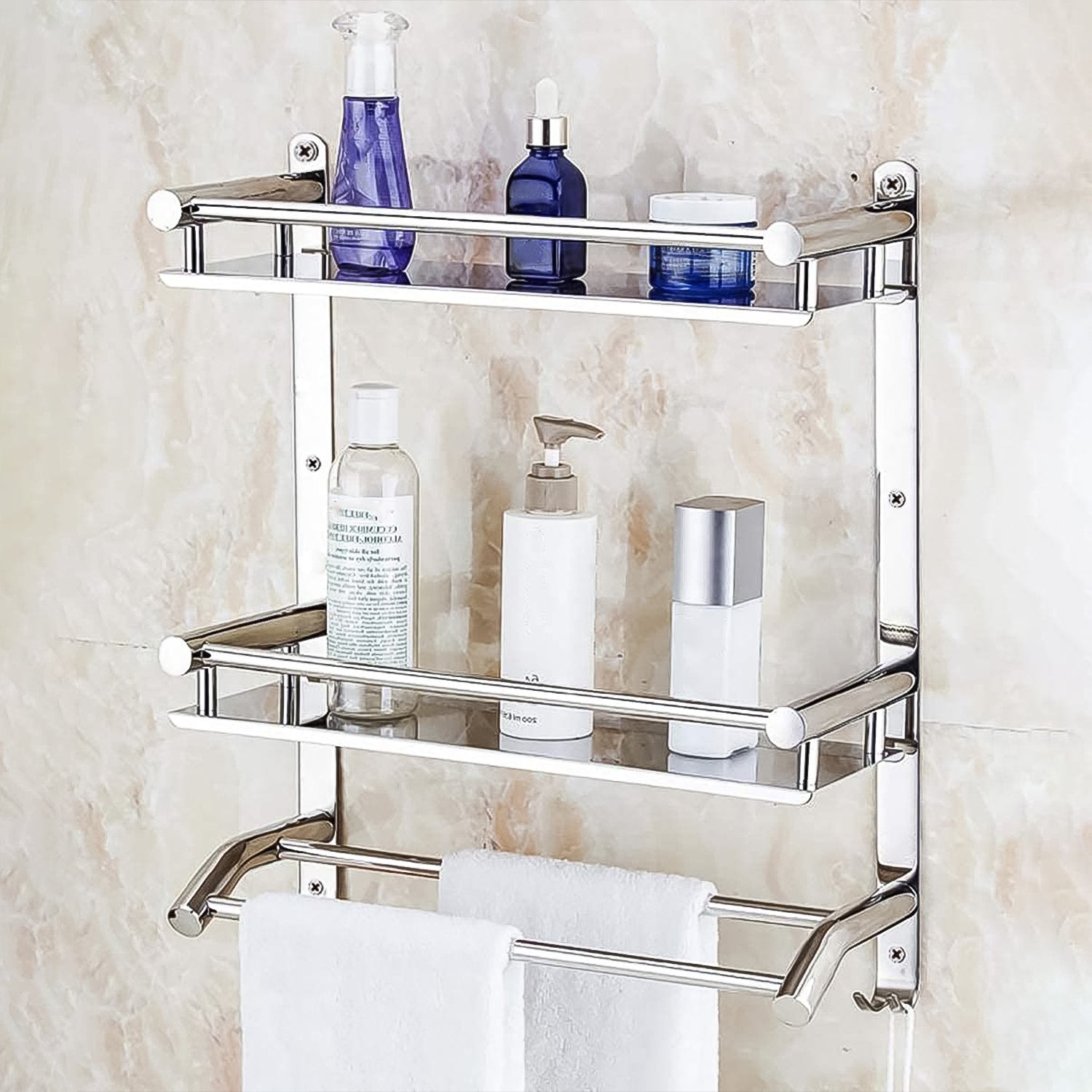 Stainless Steel Wall-Mount 2 Tier Self With Towel Bar