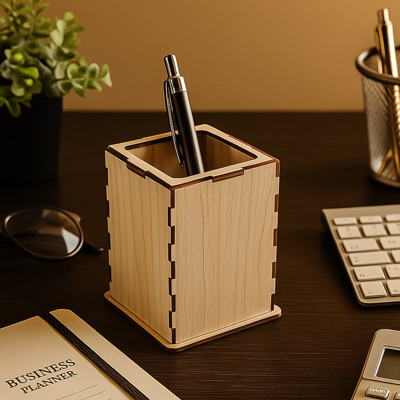 Khyati Square Wooden Pen Stand – Elegant Desk Organizer for Office & Study Table