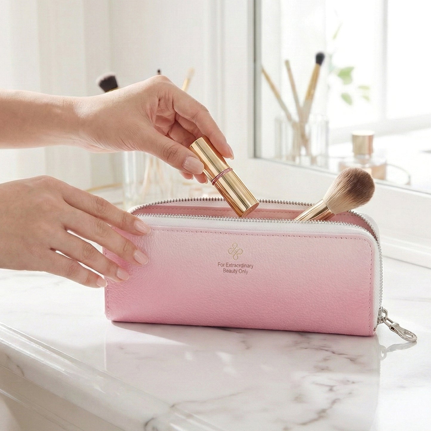 Makeup brush pouch with cosmetic tools inside