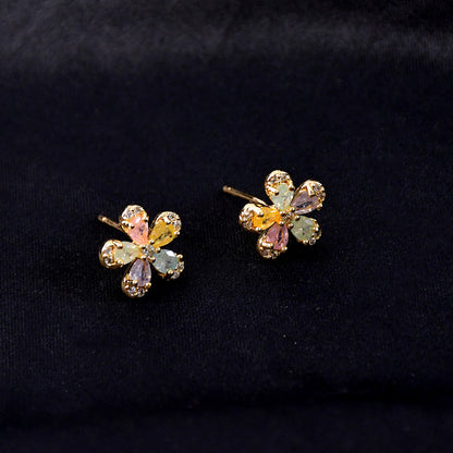 Multicolor Crystal Petal Flower Stud Earrings with Gold Finish for Women