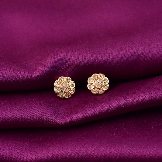 Gold Finish Round Crystal Stud Earrings with Floral Pattern for Women
