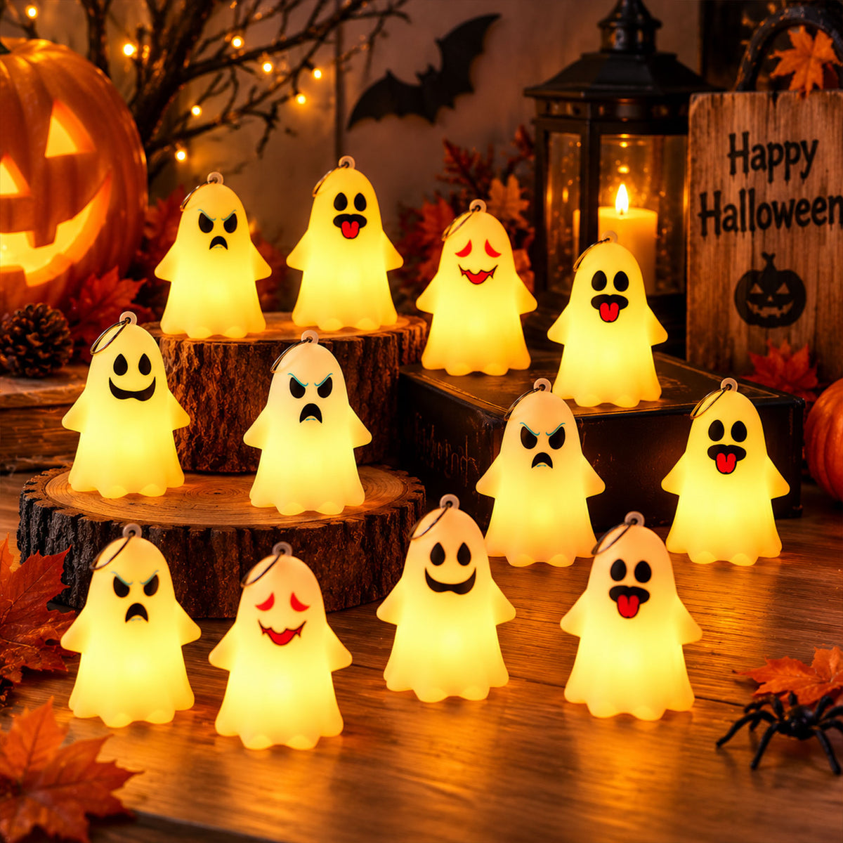 Cute Ghost LED Night Lamps for Halloween Table and Hanging Decor (12 Pc Set)
