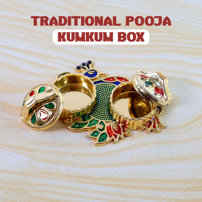 Peacock Design Metal Kumkum / Roli–Chawal Box - (1 Pc)