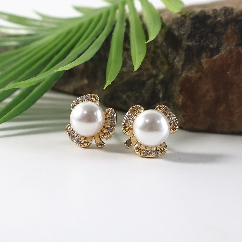 Elegant Pearl and CZ Stone Designer Stud Earrings for Women