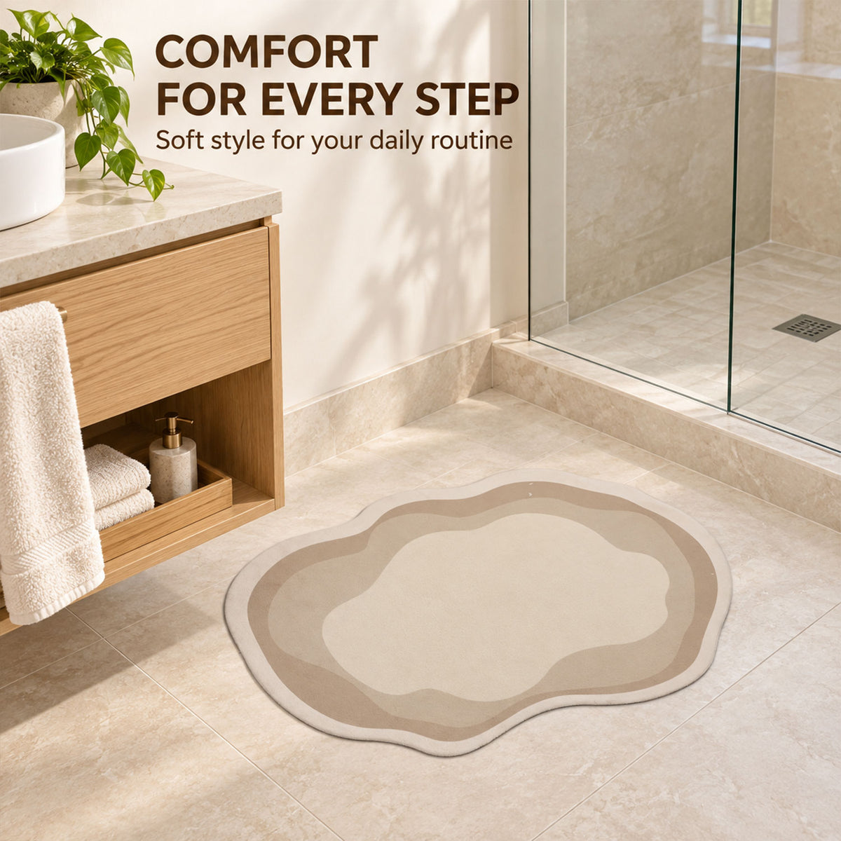 Decorative Wavy Shaped Bathroom Floor Mat for Indoor Home Use (1 Pc, 60x38 Cm)