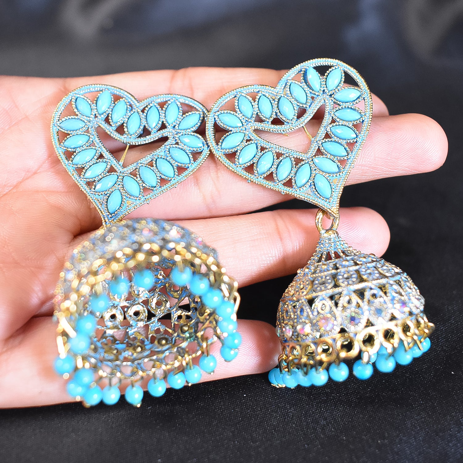 Heart-Shaped Blue-Coloured Jhumka Earrings with Elegant Detailing