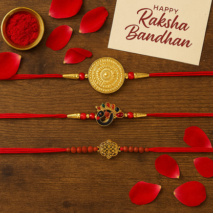 Close-up view of a gold-toned random rakhi from the elegant Raksha Bandhan set