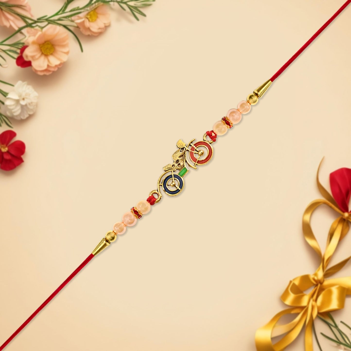 Motorbike Theme Rakhi with Golden Bike Charm and Pearl Beads – Trendy Raksha Bandhan Bracelet for Brother