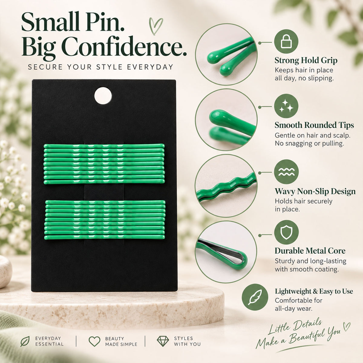 Green Metal Bobby Pins Set for Women and Girls Hair Styling (20 Pc)