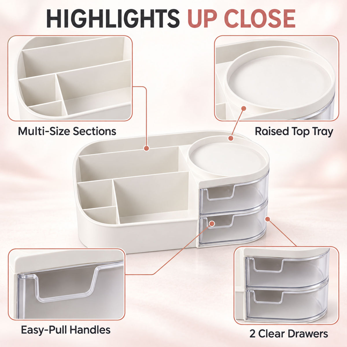 Vanity Organizer with Rotating Tray & Drawers for Easy Storage