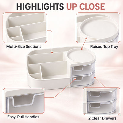 Vanity Organizer with Rotating Tray & Drawers for Easy Storage