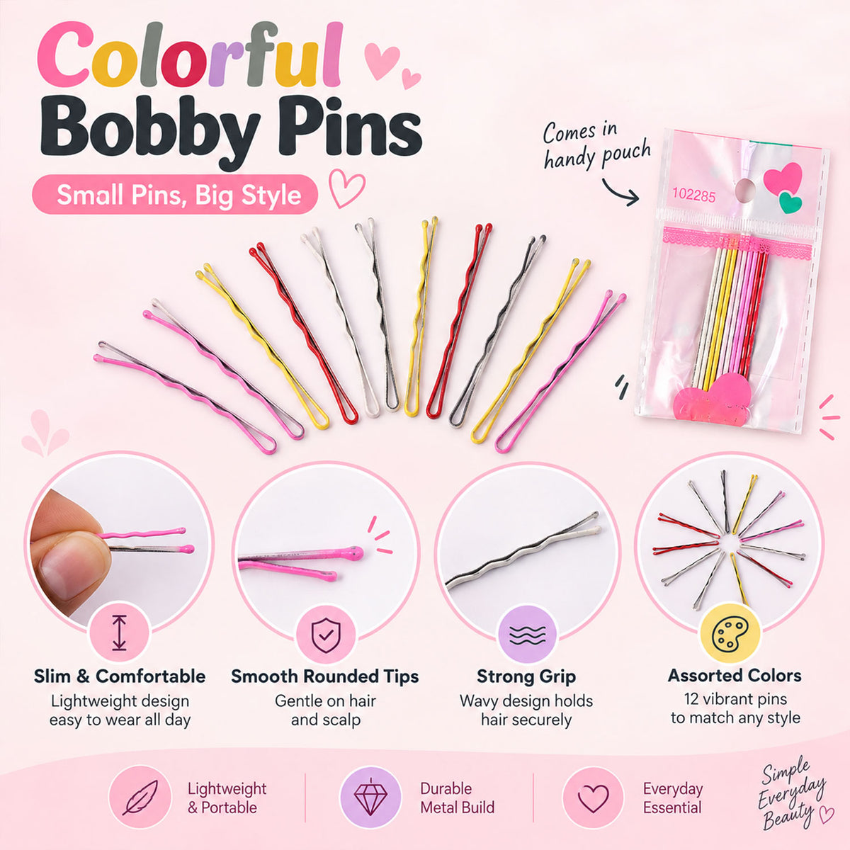Metallic Colour Bobby Pins Set with Mixed Shades for Girls (10 Pc)