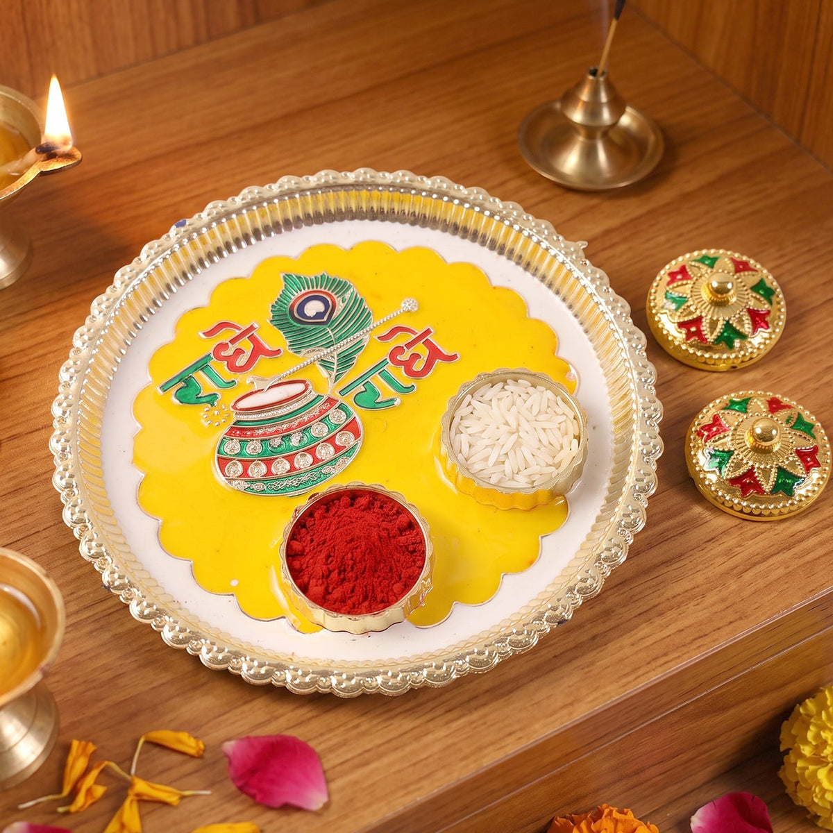 Radhe Radhe Decorative Pooja Thali with Ganesha Idol Gift Set
