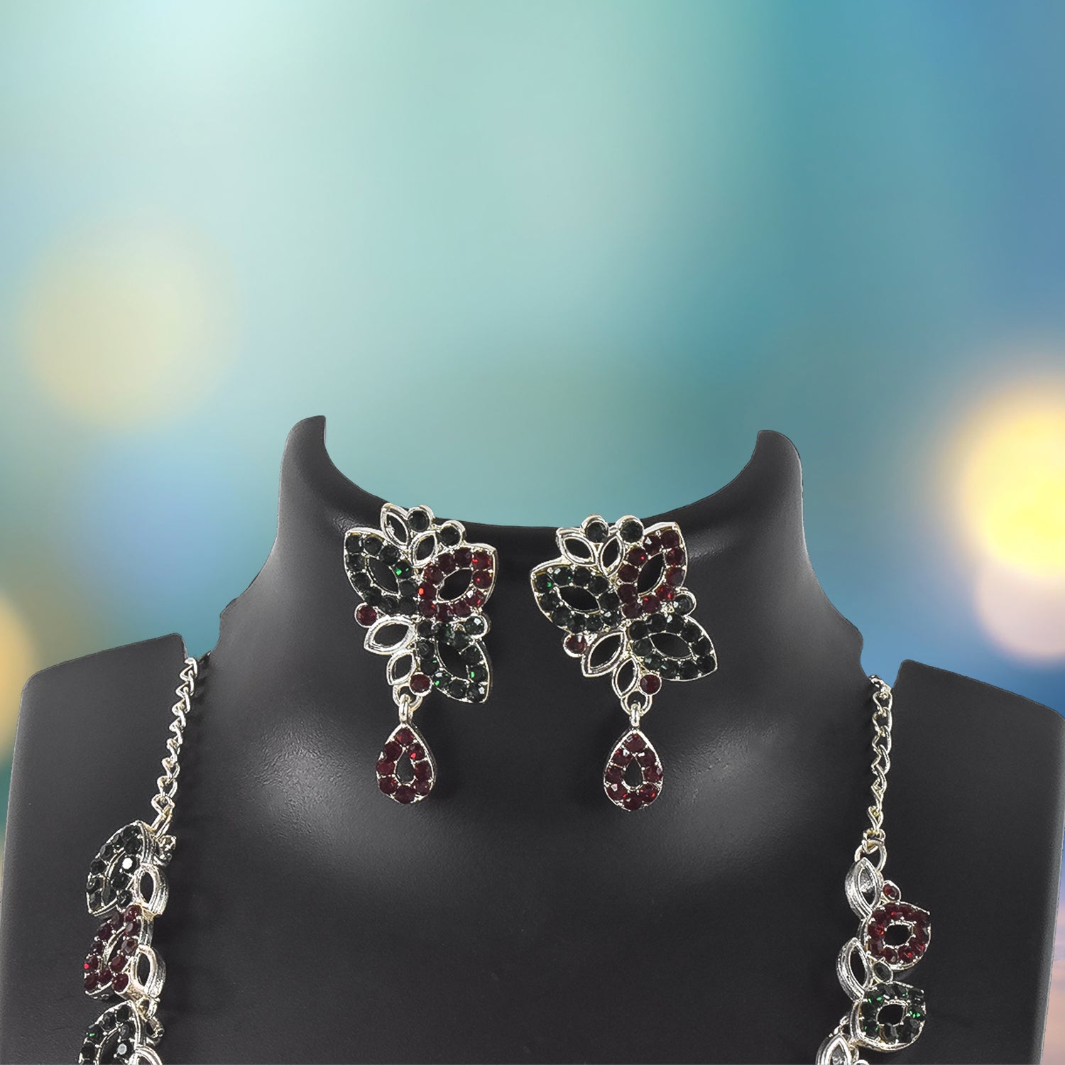 American Diamond Studded Floral Shaped Necklace With Earrings