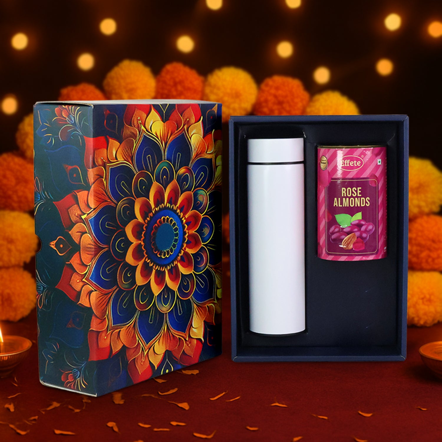 Effete Rose Almonds Gift Hamper, Golden With Bottle (2 Pc Set)