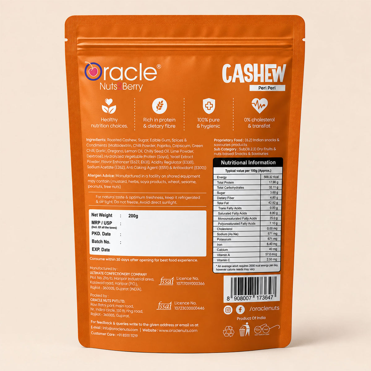 Peri Peri Cashews Premium Roasted Crunchy Kaju with Spicy Fiery Hot Masala (200g)