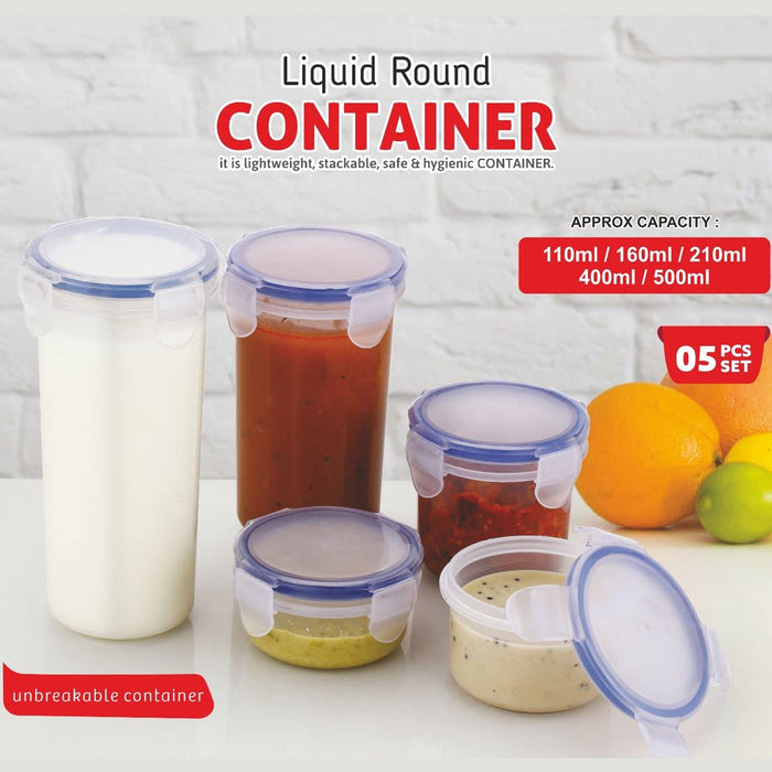 5830 Plastic Liquid Round Airtight Food Storage Container with Leak Proof Locking Lid BPA Free Container for Kitchen, 5 Pcs Set Transparent,  ( Approx Capacity 110 ml,160 ml,210 ml,400 ml,500 ml)
