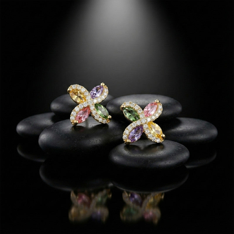 Multicolor Crystal Butterfly Stud Earrings with Gold Finish for Women